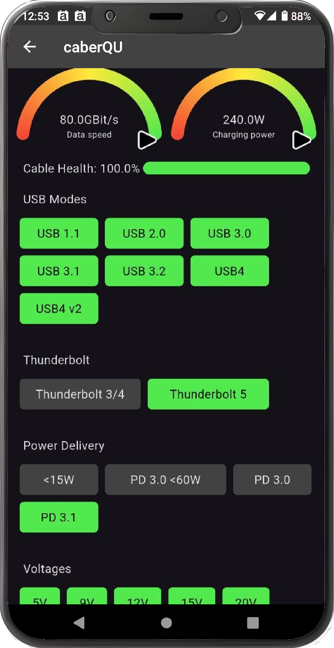 caberQU app showing X-Ray cable diagnostics